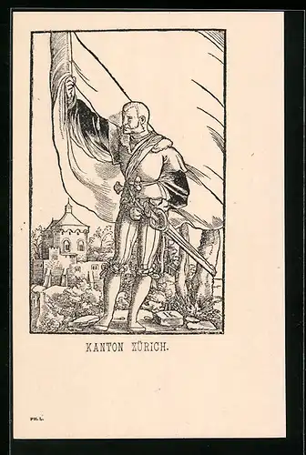 Lithographie Kanton Zürich, Schweizer Soldat mit Flagge und Schwert