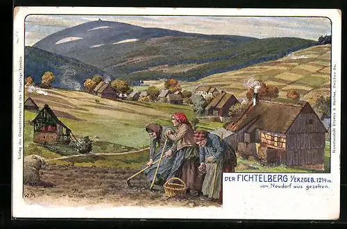 Künstler-AK Neudorf / Erzgebirge, Gesamtansicht mit Fichtelberg und Bauern auf dem Feld