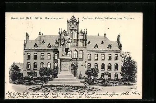 AK Rathenow, Kreishaus mit Denkmal Kaiser Wilhelms d. Grossen
