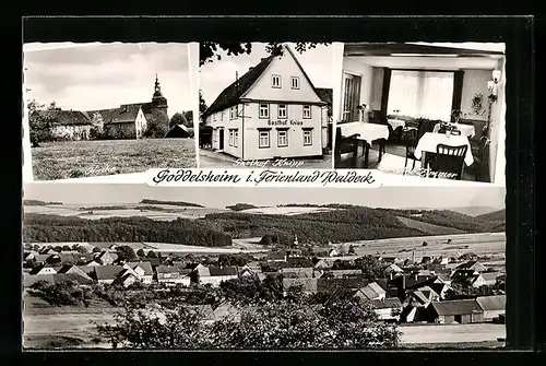 AK Goddelsheim i. Waldeck, Gasthof Knipp, Kirche und Blick auf den Ort