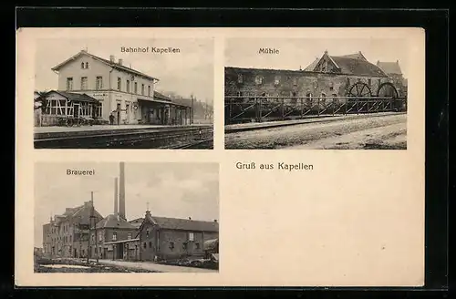 AK Kapellen, Bahnhof Kapellen, Mühle und die Brauerei