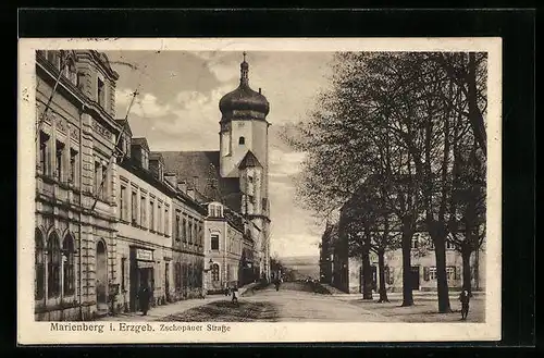 AK Marienberg i. Erzgeb., Läden und Kirche in der Zschopauer Strasse