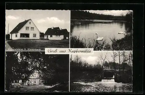 AK Kupfermühle, Kolonialwaren R. Kleinschmidt, Gasthaus u. Schwanenteich