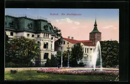 AK Rostock, Stadttheater mit Fontaine