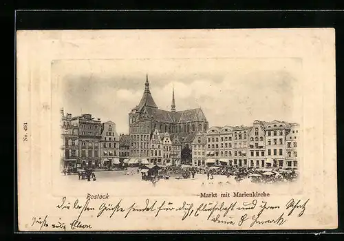 AK Rostock, Markt mit Geschäften und Marienkirche