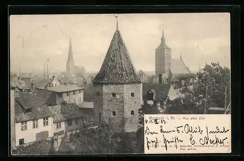 AK Rostock, Teilansicht mit Turm und Kirchen