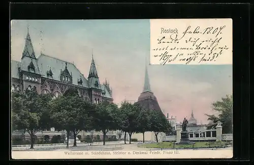 AK Rostock, Wallstrasse mit Ständehaus, Stientor und Denkmal Friedr. Franz III.