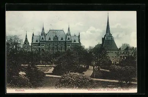 AK Rostock, Wallpromenade mit Ständehaus und Steintor