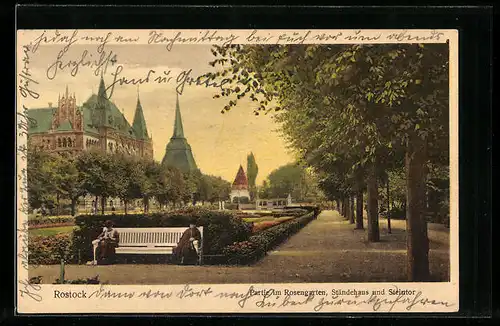 AK Rostock, Partie im Rosengarten, Ständehaus u. Steintor