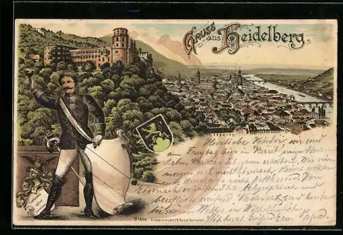 Lithographie Heidelberg, Teilansicht mit Burg