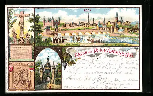 Lithographie Aschaffenburg, Ortsansicht im Jahr 1631, Turmtor, St. Martin, Wappen