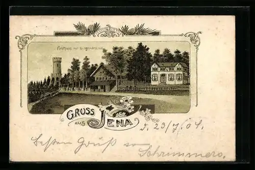 Lithographie Jena, Forsthaus mit Kriegerdenkmal