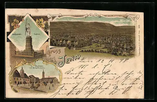 Lithographie Jena, Burschenschaftsdenkmal und Marktplatz mit Bismarckturm