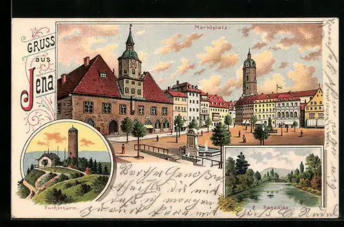 Lithographie Jena, Marktplatz, Fuchsturm, Paradies