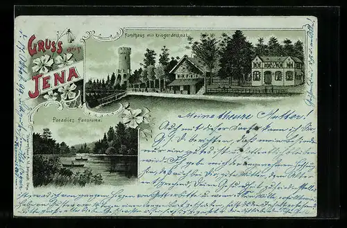Mondschein-Lithographie Jena, Forsthaus mit Kriegerdenkmal, Paradies Panorama
