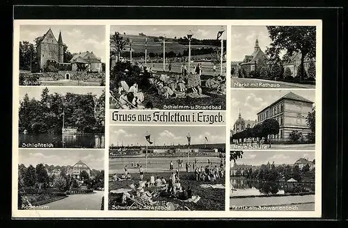 AK Schlettau i. Erzgeb., Schloss, Rosarium, Strandbad, Markt mit Rathaus