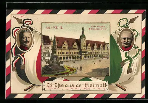 AK Leipzig, Altes Rathaus & Siegesdenkmal, Kaiser Wilhelm II., Passepartout