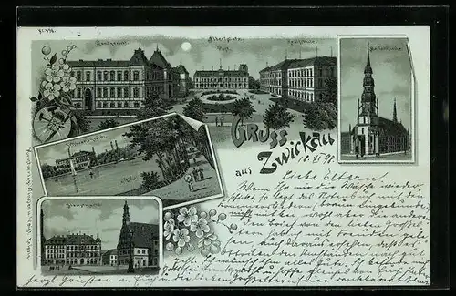 Mondschein-Lithographie Zwickau, Albertplatz mit Landgericht, Post und Realschule, Schwanenteich, Hauptmarkt