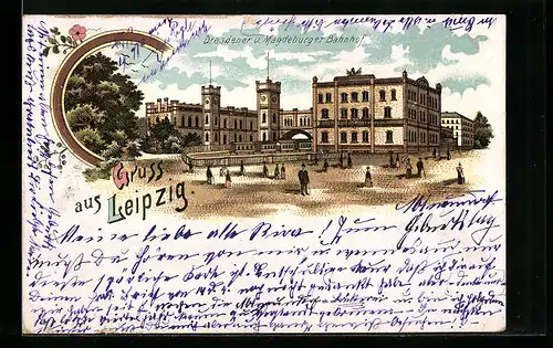Lithographie Leipzig, Dresdener u. Magdeburger Bahnhof