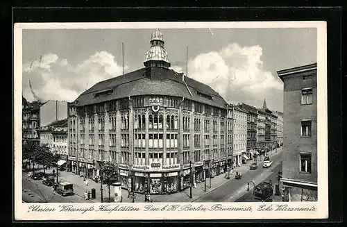 AK Berlin, Union Vereinigte Kaufstätten G. m. b. H., Brunnen-Ecke Veteranenstrasse