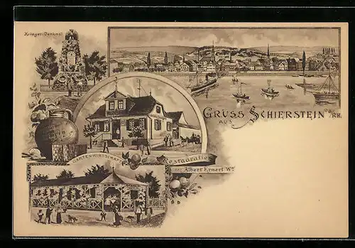 Lithographie Schierstein a. Rh., Panorama vom Wasser, Gasthaus A. Ermert mit Garten