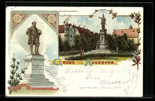 Lithographie Augsburg, Fugger- und Krieger-Denkmal