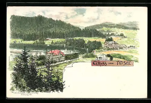 Lithographie Titisee, Totalansicht der Ortschaft