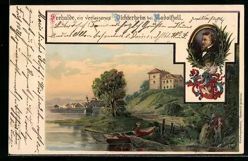 Lithographie Radolfzell, Haus Seehalde, Dichter Joseph Victor Scheffel