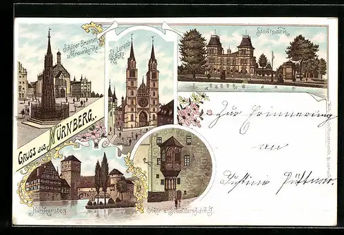 Lithographie Nürnberg, Schöner Brunnen & Frauenkirche, Henkersteg, Stadtpark