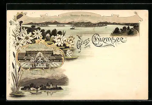 Lithographie Chiemsee, Panorama, Schloss Herren, Fraueninsel