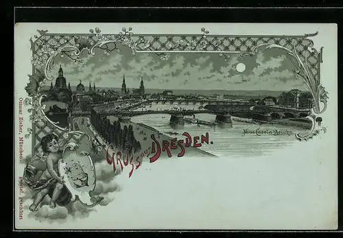 Mondschein-Lithographie Dresden, Neue Carola-Brücke, Ortsansicht