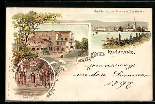 Lithographie Konstanz, Insel-Hotel, Inneres Speisesaal, Teilansicht von der Seestrasse