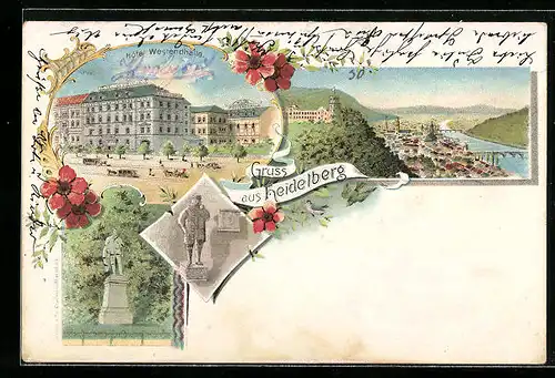 Lithographie Heidelberg, Hotel Westendhalle, Ortsansicht