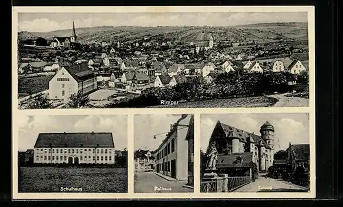 AK Rimpar, Ortsansicht aus der Vogelschau, Blick auf Schulhaus, Rathaus und Schloss