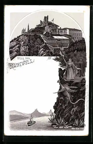 Vorläufer-Lithographie Königswinter, 1894, Gasthaus Drachenfels, Drachen, Dampfer