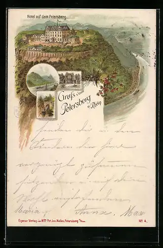Vorläufer-Lithographie Petersberg a. Rhein, 1895, Hotel auf dem Petersberg, Inh.: Wwe. Pet. Jos. Nelles