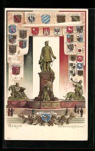 Präge-Lithographie Berlin, Bismarck-Denkmal, Wappen der Deutschen Fürstenhäuser