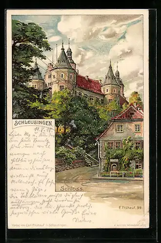 Lithographie Schleusingen, Ortspartie am Schloss