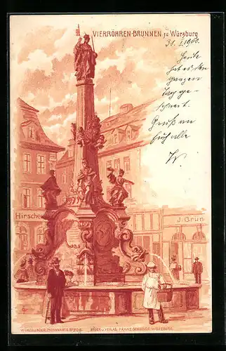 Lithographie Würzburg, am Vierröhren-Brunnen