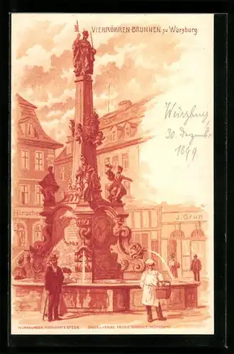 Lithographie Würzburg, am Vierröhren-Brunnen