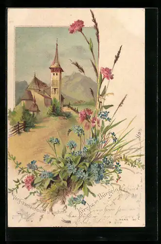 Lithographie Bürgeln, Partie an der Kirche