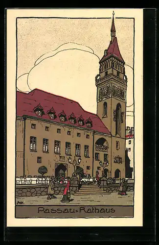 Steindruck-AK Passau, Blick auf Rathaus