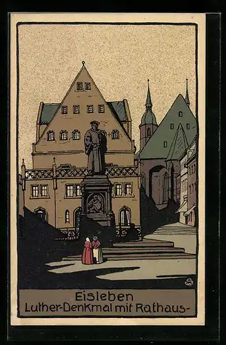 Steindruck-AK Eisleben, Luther-Denkmal mit Rathaus