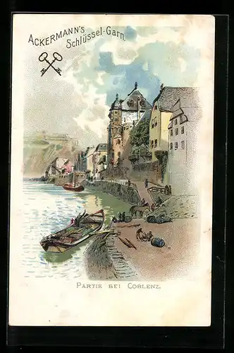 Lithographie Coblenz, Uferpartie und Boote, Reklame für Apollo-Nachtlicht, Fabrik Apollo Wien