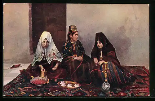 AK Bethlehem, Arabische Frauen beim Tee mit Wasserpfeife, arabische Volkstypen