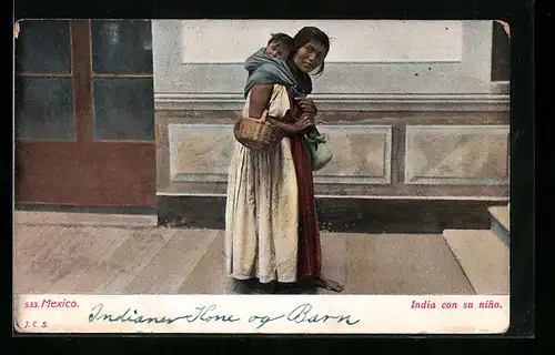 AK Mexico, Indio-Frau mit Kind auf dem Rücken