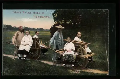 AK China, Chinese Women riding on Wheelbarrow
