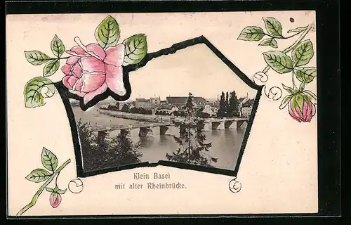 AK Basel, Teilansicht mit alter Rheinbrücke und Rosen-Präge-Rahmen