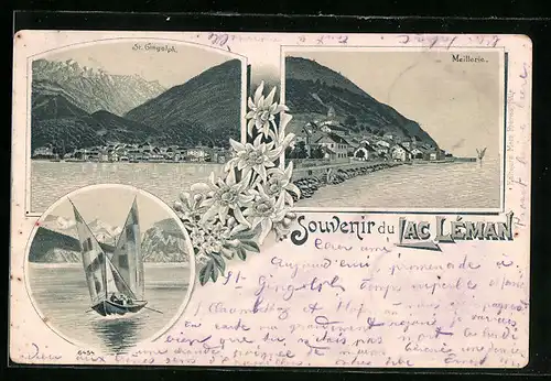 Lithographie St. Gingolph /Lac Léman, Teilansicht, Meillerie, Segelboot