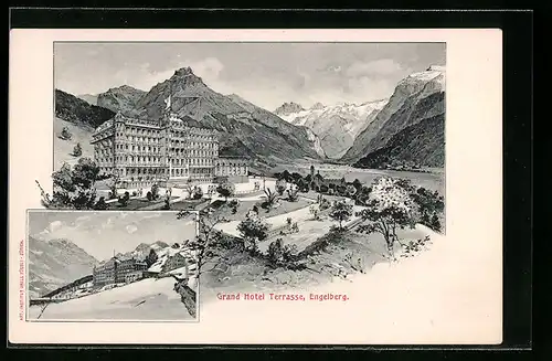 AK Engelberg, Grant Hotel Terrasse mit Umland aus verschiedenen Perspektiven